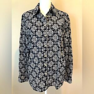 Talbots Button Up Blouse Navy/White Womens Medium